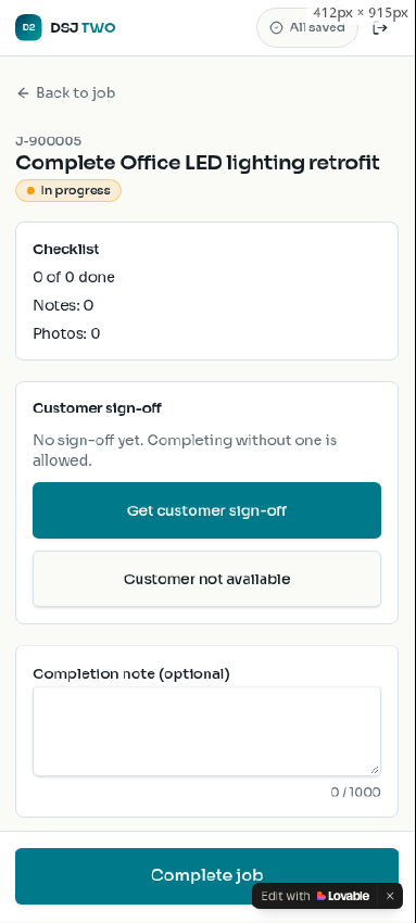 Complete job screen with customer sign-off