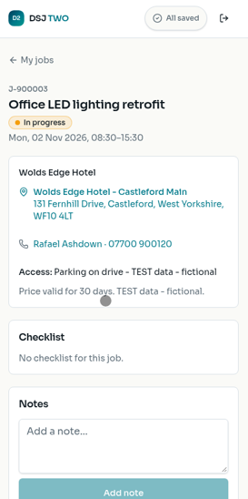 Field job detail with address, access and notes